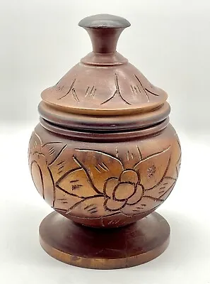 Vintage Hand Carved Floral Urn Vase With Lid Floral Large Wooden Vase • $24