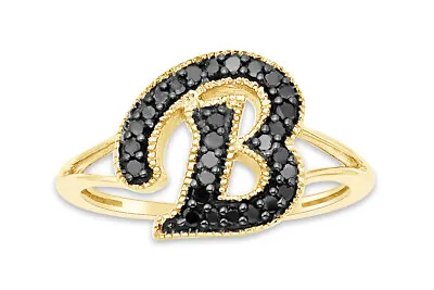 0.25 CT Black Natural Diamond Initial Alphabet  B  Ring In 14K  Gold Plated • $203.37