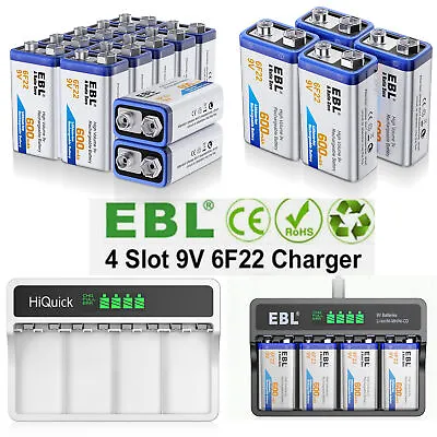 EBL 9V 600mAh 6F22 Li-ion Rechargeable Batteries 9Volt Battery USB Charger Lot • £9.99