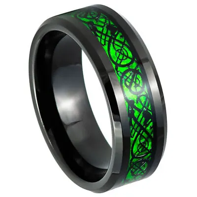 Tungsten Ring Band Black IP & Green Celtic Dragon For Men  & Women • $35.40