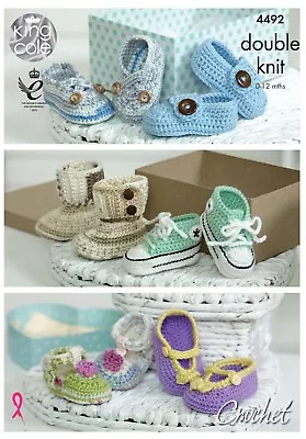 Crochet Pattern King Cole 4492 DK Baby Shoes Bootees Sneakers Slippers • £3.19