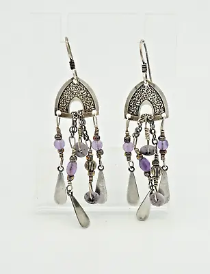 VTG Sterling Silver Amethyst Ethnic Dangle Drop Tabra Style Middle East Earrings • $49.50