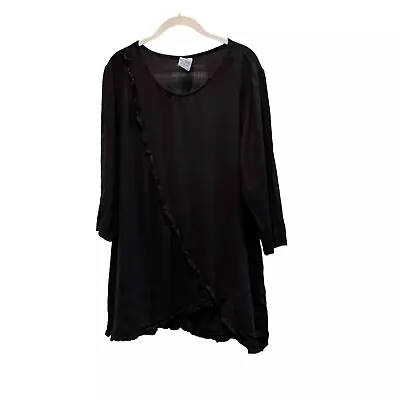 Match Point Linen Tunic Womens Medium Black Ruffle Lagenlook Long Sleeve USA • $16.98