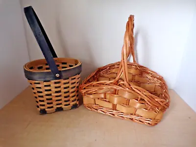 2 VTG Wicker Woven Basket Rectangle  12x10  AND  8x7 Green Swing Away Handle • $10.50