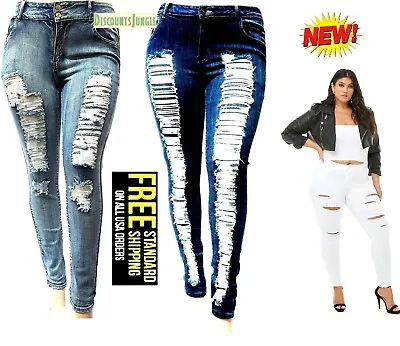 Jack David Womens Plus Size Blue Denim Jeans Stretch Skinny Ripped Distressed • $28.99