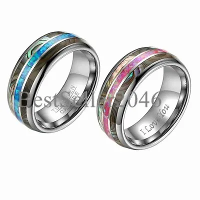 8mm Men Women Tungsten Ring Real Green/Pink Opal Abalone Shell Wedding Band • $24.99