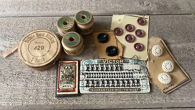 Vintage Sewing Notions Lot Needles Silk Mending Thread Buttons 1940’s • $14.95