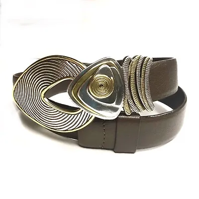$24.99 • Buy CHICOs Brown Leather Adjustable Silver & Brass Hook Buckle Belt - S/M