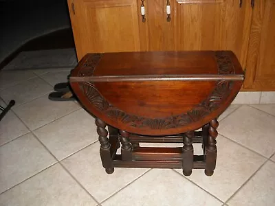 Antique Drop Leaf Round Gate Leg Carved Table Top With Twisted Legs 27 Inch • $499
