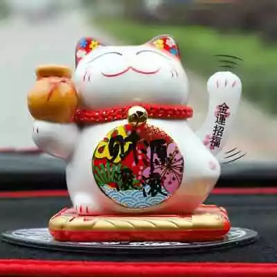 Ceramic Lucky Cat Solar Powered Maneki Neko Waving Arm Beckoning Fortune  • $36.39