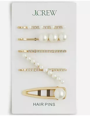 J Crew Crystal And Pearl Set Of 5 Hair Pins Barrettes Gold Clear White NWT NEW • $19.99