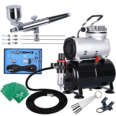 Airbrush Compressor Kit W/3L Tank Dual Action 0.2/0.3/0.5mm Air Brush Spray Gun • $158.99