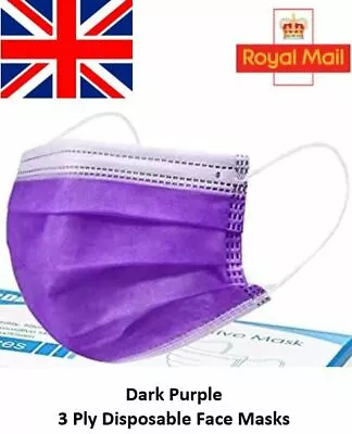 Dark Purple Disposable Face Masks 3 Ply Quality Surgical Protective Covers • £1.99