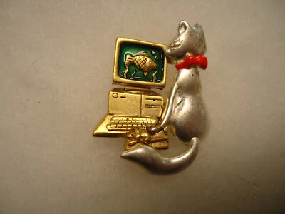 $1 • Buy Danecraft Vtg Nos Cat Watch Fish On Computer Pin