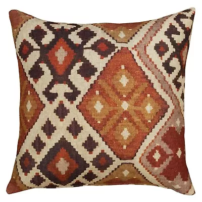 Linen Printed Kilim Ikat Extra-Large Cushion. 23  XL Square. Terracotta Orange. • £32.99