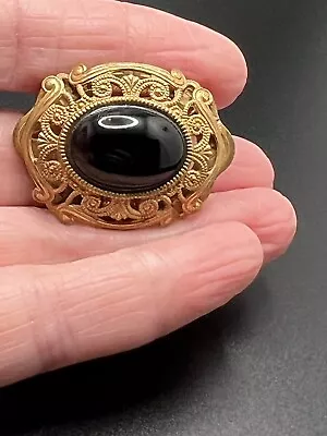 Vintage MIRIAM HASKELL SIGNED Ornate Gold Tone Pin Brooch Black Glass Cabochon • $49.99