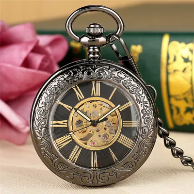 Vintage Style Skeleton Dial Mechanical Pocket Watch With Chain Gift To Men Women • £20.34