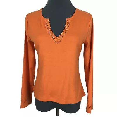 Sigrid Olsen Notched T-Shirt Women PS Orange Sequin Cotton 34x21 • $11.10