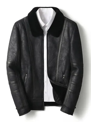 Sheepshear Coat Fur All-in-one Short Men's New Genuine Leather Motorcycle Jacket • $178.18