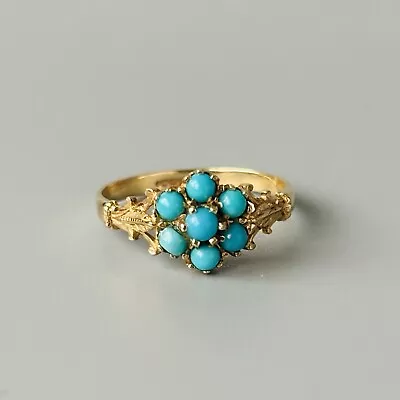 Beautiful Antique 9ct Yellow Gold Turquoise Cluster Flower Ring UK: L1/2 • £265