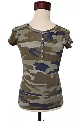 Majestic Paris Linen Silk Camo Cap Sleeve Henley Tee Sz S • $49