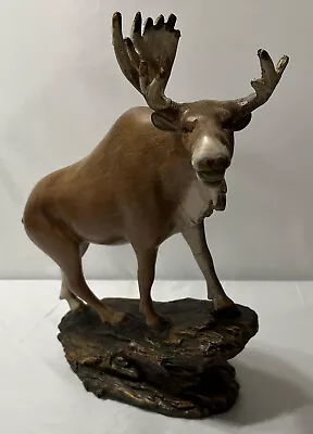 Wild Elk Bull Moose Statue Figurine With Wood Base.  Outdoors Mountains Nature • $29.97