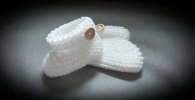 Premature Hand Knitted White Baby Booties -  Choice Of Button Writing • £4.50