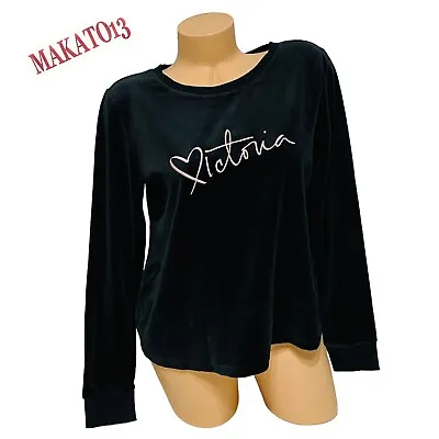 Victoria’s Secret MEDIUM Graphic Fleece Pajama Sleep Long Sleeve Black Top • $18.95