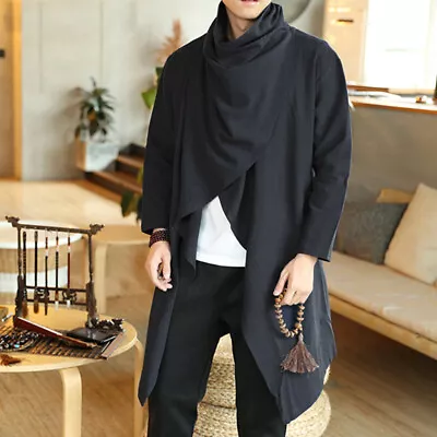 Mens Long Cloak Casual Solid Long Sleeve Cape Relax Shawl Round Neck Coat Jacket • $28.78