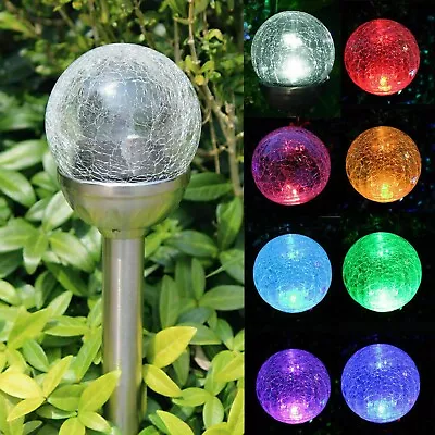 Solar Powered Stainless Steel Color Changing LED Crackle Ball Garden Path Lights • £11.95