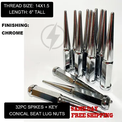 FIT RAM 2500 3500 8LUG 6’’ SPIKE LUG NUT 14x1.5 CONICAL SEAT CHROME 32PC+KEY • $91.53