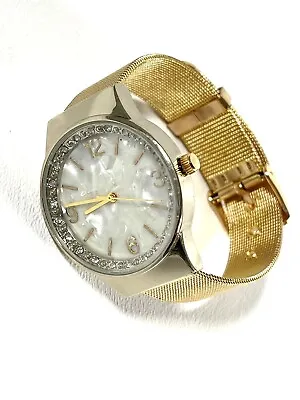 Gold Tone Watch Ding Feng Mother Of Pearl Dial Mesh Band Crystals New Battery • $10