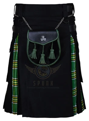 $76 • Buy Irish Hybrid Kilt Scottish Utility KILT Cotton Hybrid Kilt With Shamrock Sporran