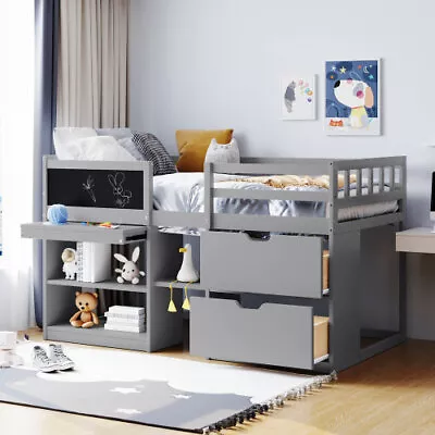 Low Loft Bed With Rolling Desk Storage Drawers Shelves Blackboard Wood Kids Beds • $439.99