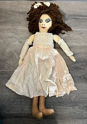 Vintage OOAK Madonna Cloth Rag Doll Stitched Face With Handmade Pink Dress Lace • $24.99