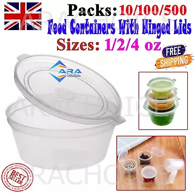 1/2/4 Oz Plastic Round Food Grade Storage Containers Pots Tub Sauce Hinged Lids • £5.89