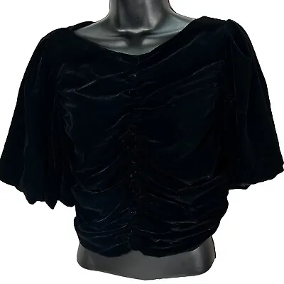 Zara Black Velvet Ruched Button Cropped Top Blouse Puffy Sleeve Side Zip Soft • $20
