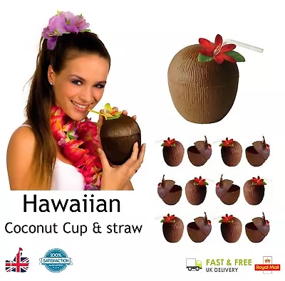 COCONUT CUP & FLOWER STRAW Hawaiian Hula Tropical Luau Hen Party Decor Beach UK • £116.83