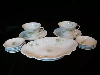 Limoges A Lanternier Embossed Scalloped Rim Turquoise Flower 14 Pieces • $50