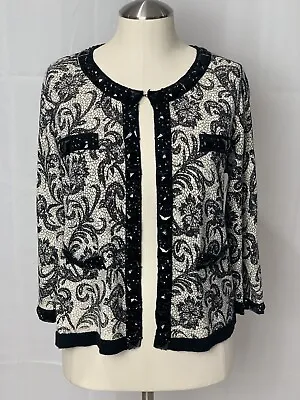 Michael Simon Cardigan Sweater Embellished Beaded Black White Silk Cashmere L • $42