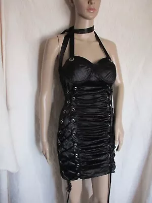 Misope Dress 90s Y2K VTG S Grommet Ruched Bustier Corset BODYCON LBD Black Satin • $37.95