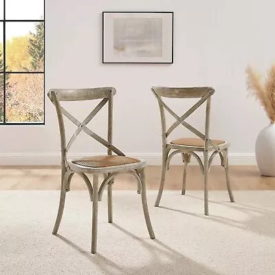 Modway Gear Rustic Modern Farmhouse Elm Wood Rattan Two Dining Chairs In Gray • $220.66
