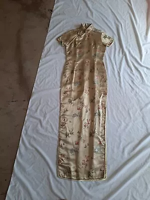 Cheongsam VTG Asian Embroidered Shiny Satin Long Silk Brocade Dress S Side Slits • $44.99