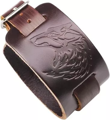 Mens Leather Cuff Bracelet – Wolf Head Bracelet Wide Belt • $6.99