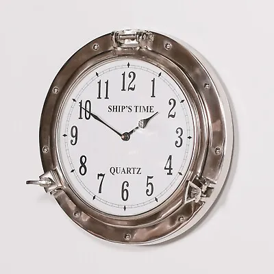 Metal Vintage Silver Nautical Maritime Porthole 38cm Glass Front Ship Wall Clock • £68