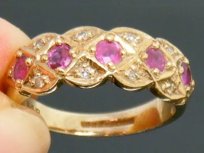 9ct Gold Ruby & Diamond Hallmarked Eternity Chunky Ring Size K • $287.40