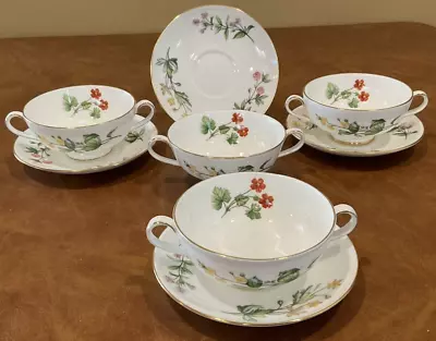 4 MINTON 2-Handled Cream Soup Bowls & Saucers Set  *MEADOW Smooth* • $30