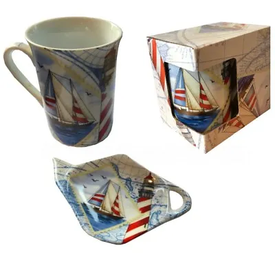 Nautical Mug And Teabag Holder Gift Set - Sailboat & Lighthouse - Fast Post! • £10.95