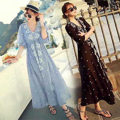 Women Lady Summer Boho Long Maxi Dress Bohemia Embroidery Beach Dresses Sundress • $53.42