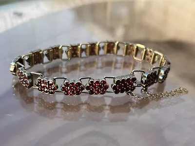 LOVELY Antique Vintage Bohemian Garnet Cluster Panel Bracelet 7  W/ Safety Chain • $99.99